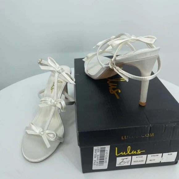 Lulus Reelaine White Satin Bow Ankle Strap Sandals NWT Size 7.5 - Picture 7 of 9